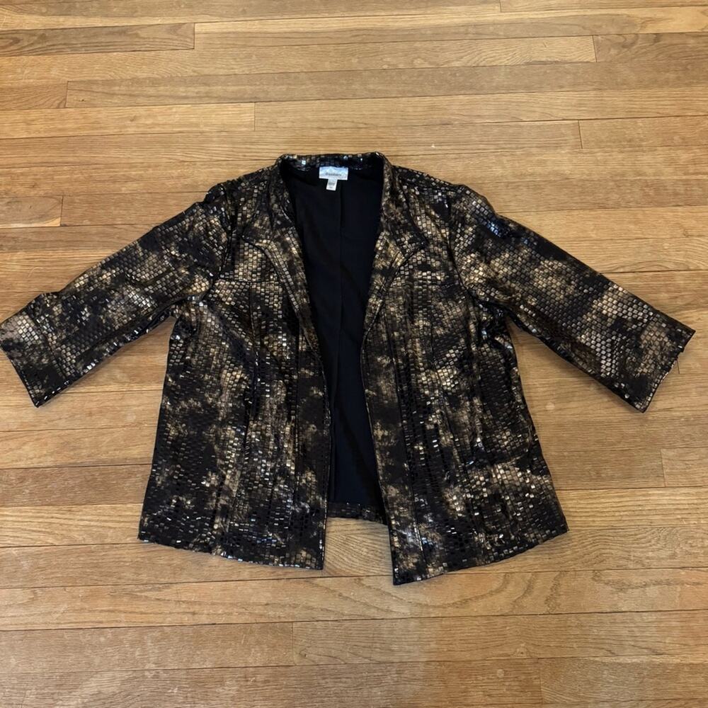 Dress Barn black gold wet look 3/4 sleeve open front jacket size 14
b10